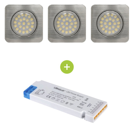 Complete set | LED inbouw Keukenverlichting | Dimbaar | 3 Watt | 4200K | 70x70mm | RVS | 3 stuks | bundelproducten