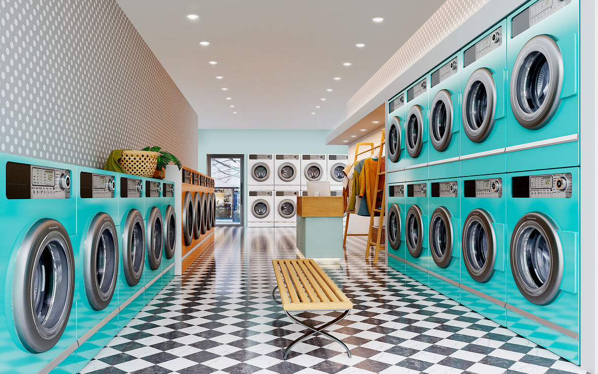 Moderne, kleurrijke wasserette met een vooraanzicht van rijen turquoise wasmachines, witte drogers en een retro zwart-wit geblokte vloer, inclusief houten bank en kledingrek op de achtergrond.