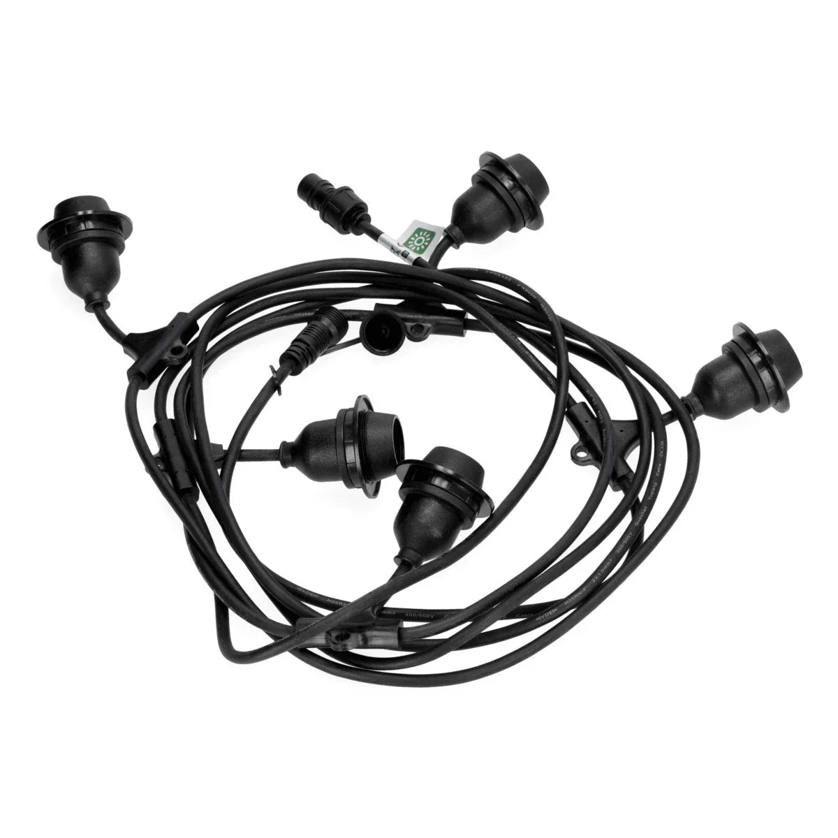 Zwarte LED-lichtsnoer met vijf E27-fittingen, geschikt voor buitengebruik, bovenaanzicht op een witte achtergrond.