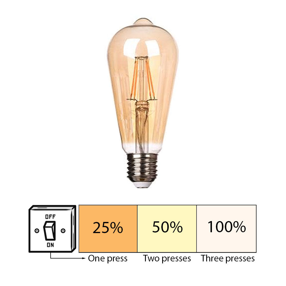 Dimbare LED filament lamp in vintage Edison-stijl, E27 fitting, vooraanzicht met schema van driestaps dimfunctie via wandschakelaar (25%, 50%, 100%).