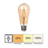 Dimbare LED filament lamp in vintage Edison-stijl, E27 fitting, vooraanzicht met schema van driestaps dimfunctie via wandschakelaar (25%, 50%, 100%).