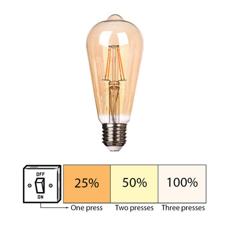 LED Filament lamp 6W | ST64 | 3-step Dimbaar | E27 | 2700K - Warm wit | 3 stap illustratie