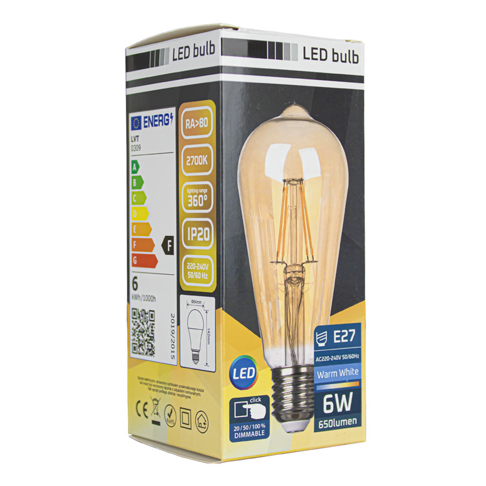 Verpakking van een LED gloeilamp E27 6W 2700K warm wit, met zicht op de voorzijde en zijkant van de doos, inclusief specificaties zoals 650 lumen, 360° lichthoek, dimbaar en energieklasse F.
