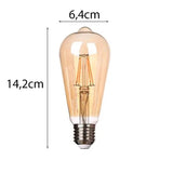 Vintage LED filament lamp ST64 met E27 fitting, amberkleurig glas, frontaal aanzicht met afmetingen 14,2 cm hoog en 6,4 cm breed.