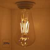 Close-up van een brandende LED filamentlamp in peervorm, gemonteerd aan het plafond, met warm wit licht dat op 20% helderheid staat ingesteld, gezien vanuit een recht vooruit aanzicht.