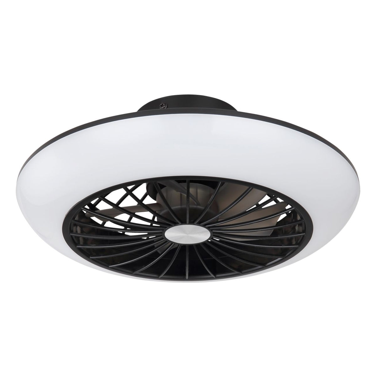 Plafondventilator met geïntegreerde LED-verlichting in modern zwart-wit design, onderaanzicht van het product.