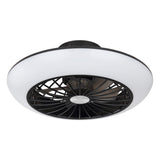 Plafondventilator met geïntegreerde LED-verlichting in modern zwart-wit design, onderaanzicht van het product.