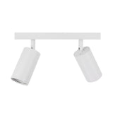 Witte moderne plafondspot met twee verstelbare cilindervormige lampenkoppen, vooraanzicht.