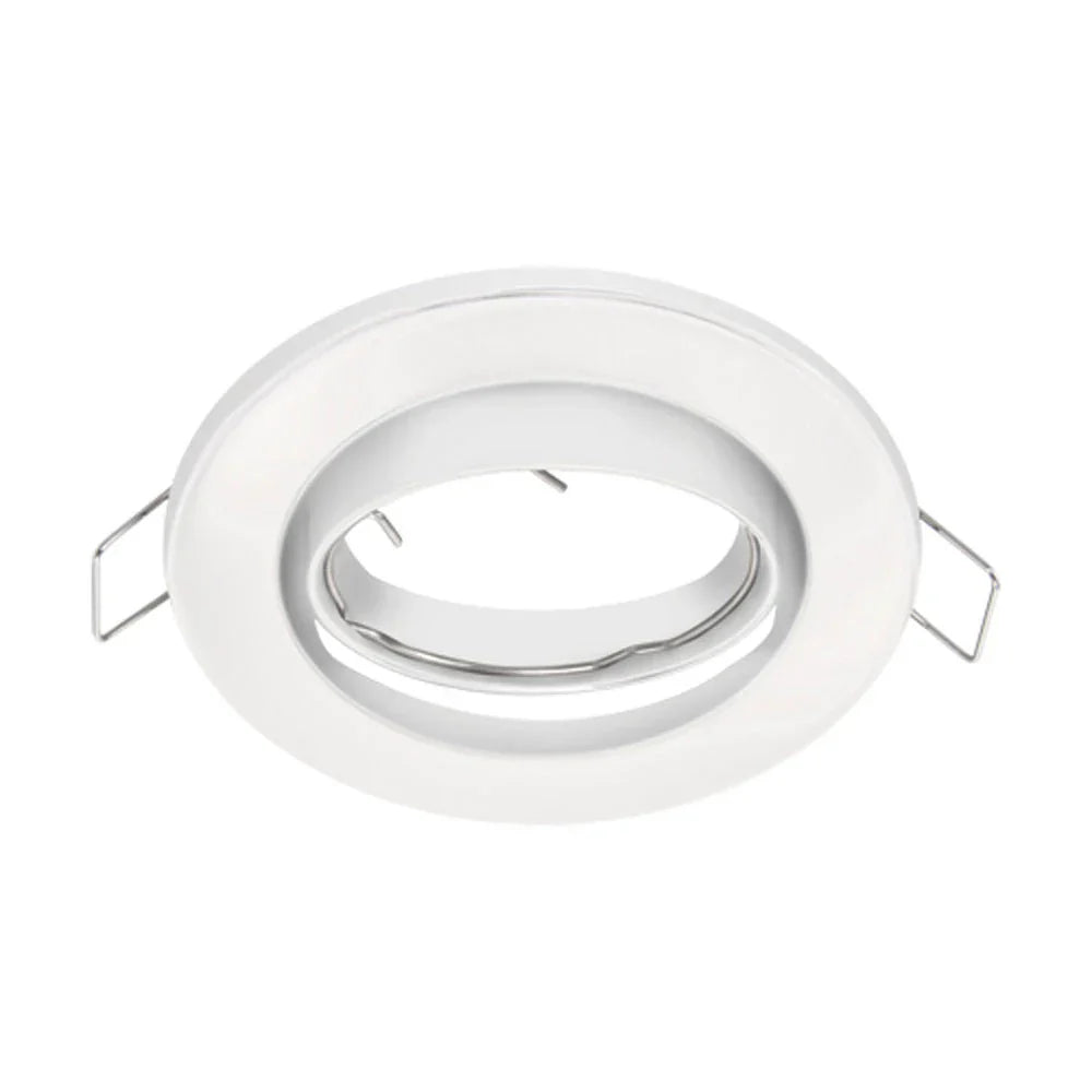 Wit ronde GU10 inbouwspot armatuur met kantelbare fitting, schuin bovenaanzicht.