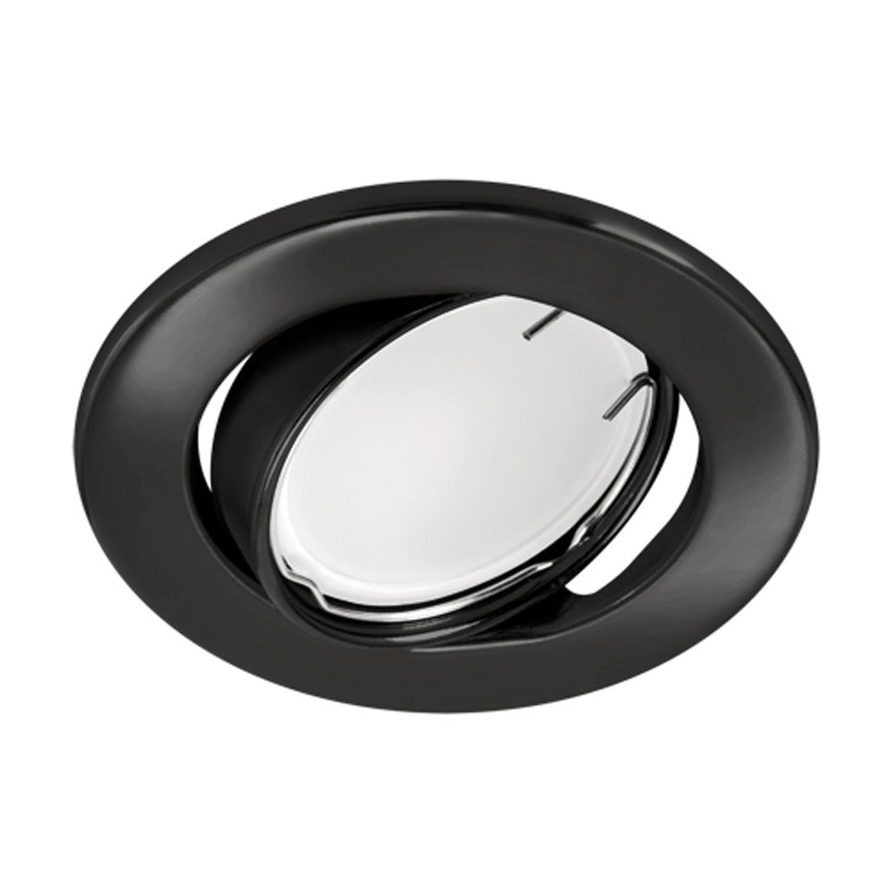 Zwarte ronde GU10 inbouwspot met kantelbare fitting, schuin aanzicht. Modern design voor plafondverlichting.