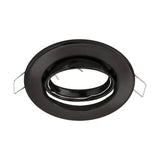 Zwarte ronde inbouwspot ring met verstelbare binnenring, frontaal schuin aanzicht.