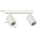 Witte moderne plafondspot met twee cilindervormige richtbare spots op een rechthoekige montageplaat, afmetingen zichtbaar (hoogte 8,7 cm, diameter 6 cm, plaatdikte 2,5 cm), vooraanzicht.