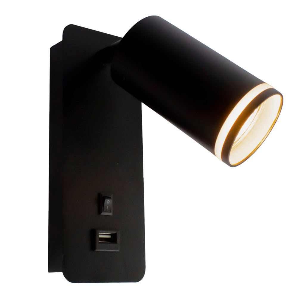 LED wandlamp - Bedlamp met USB-poort - GU10 fitting - zwart - vooraanzicht - lamp aan