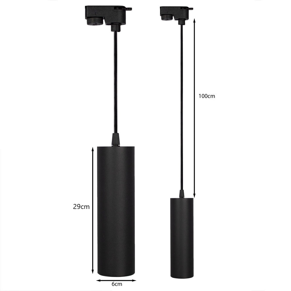 Zwarte plafondspot met cilindervormig armatuur, verstelbaar tot 100 cm lengte en 6 cm diameter, zijaanzicht van het product met weergegeven afmetingen van 29 cm en 100 cm hoogte.