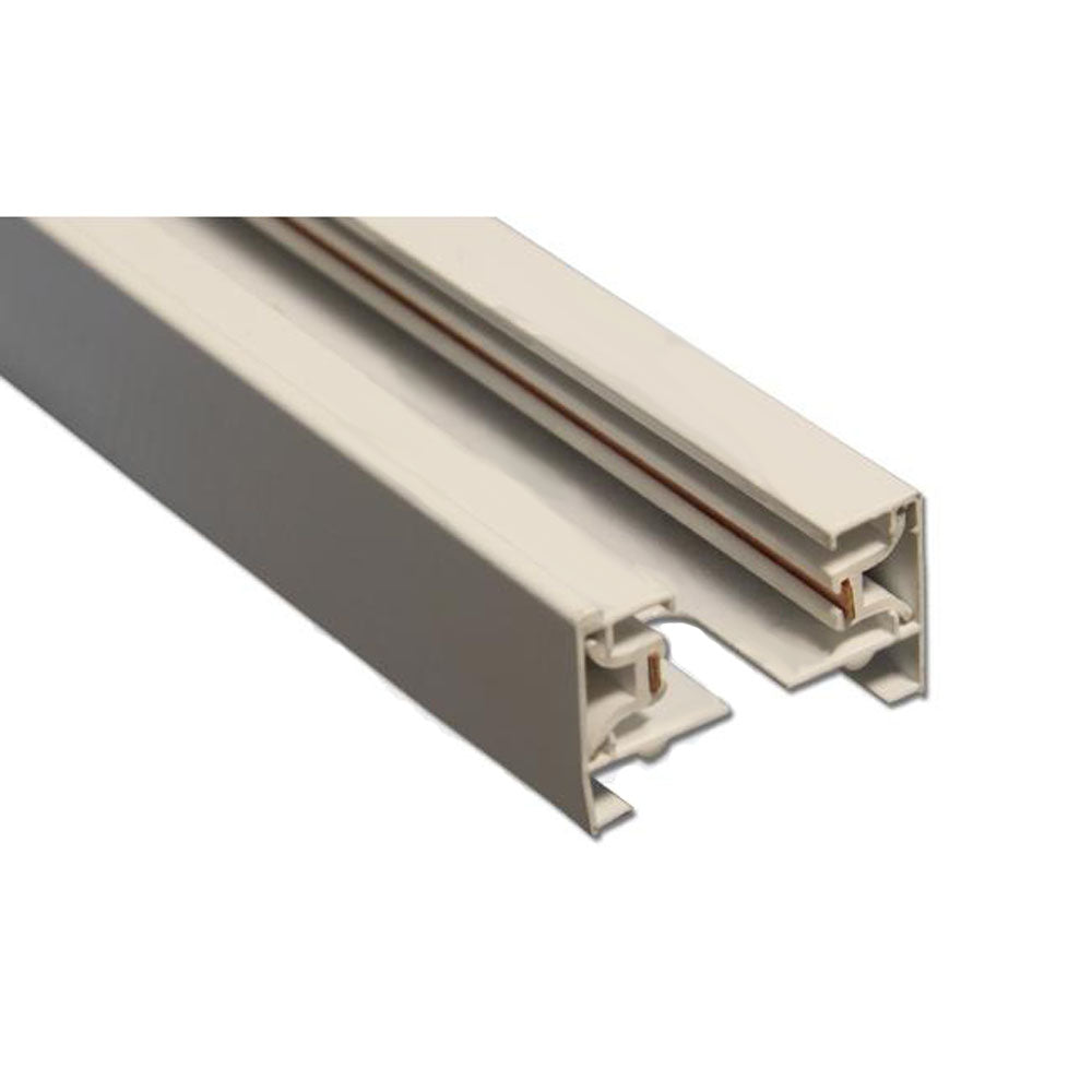 Wit 1-fase spanningsrailsysteem voor verlichting, perspectiefaanzicht met zicht op de interne koperen geleiders en aansluitstructuur.