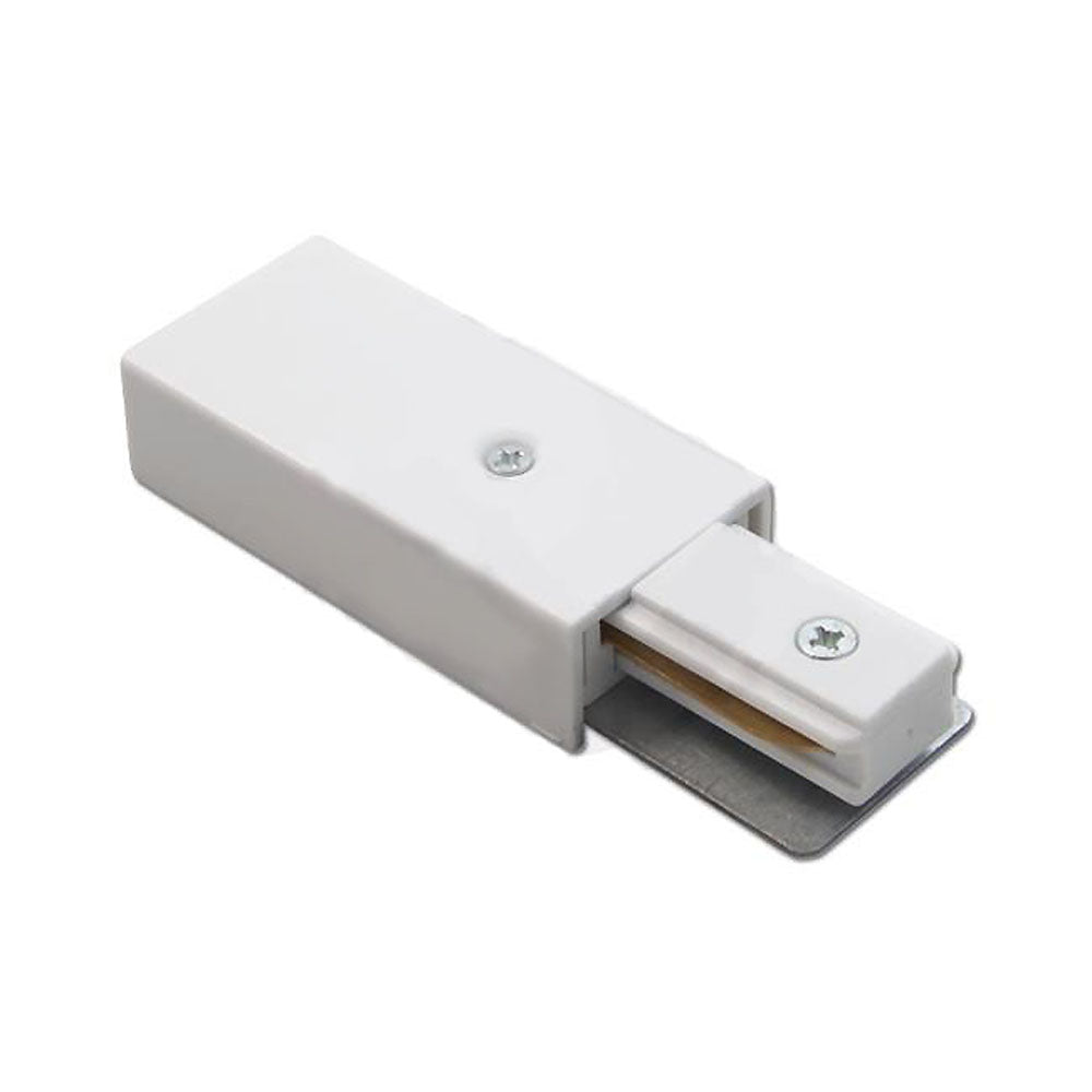 Witte stroomrail eindvoeding met aarde links voor 1-fase railsysteem, schuin bovenaanzicht.