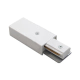 Witte stroomrail eindvoeding met aarde links voor 1-fase railsysteem, schuin bovenaanzicht.