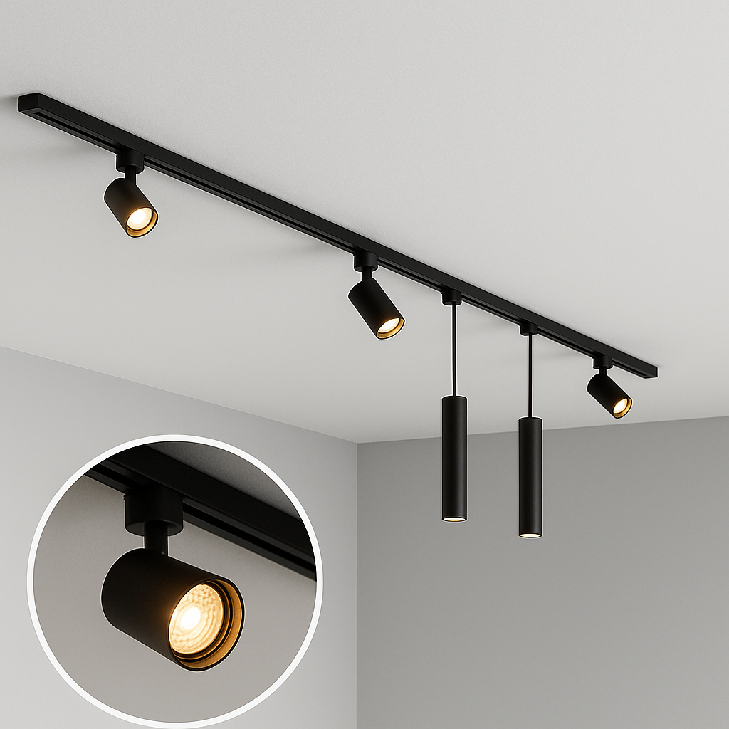 Zwarte moderne railverlichting met verstelbare spotjes en hanglampen aan het plafond, schuin van voren gezien. Detailweergave van één spotlicht linksonder voor extra close-up. Ideaal voor sfeervolle en gerichte verlichting in een eigentijds interieur.