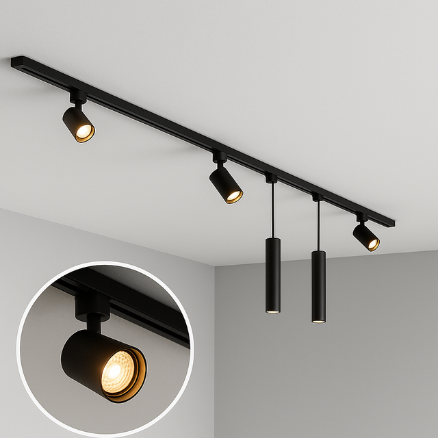 Zwarte moderne railverlichting met verstelbare spotjes en hanglampen aan het plafond, schuin van voren gezien. Detailweergave van één spotlicht linksonder voor extra close-up. Ideaal voor sfeervolle en gerichte verlichting in een eigentijds interieur.