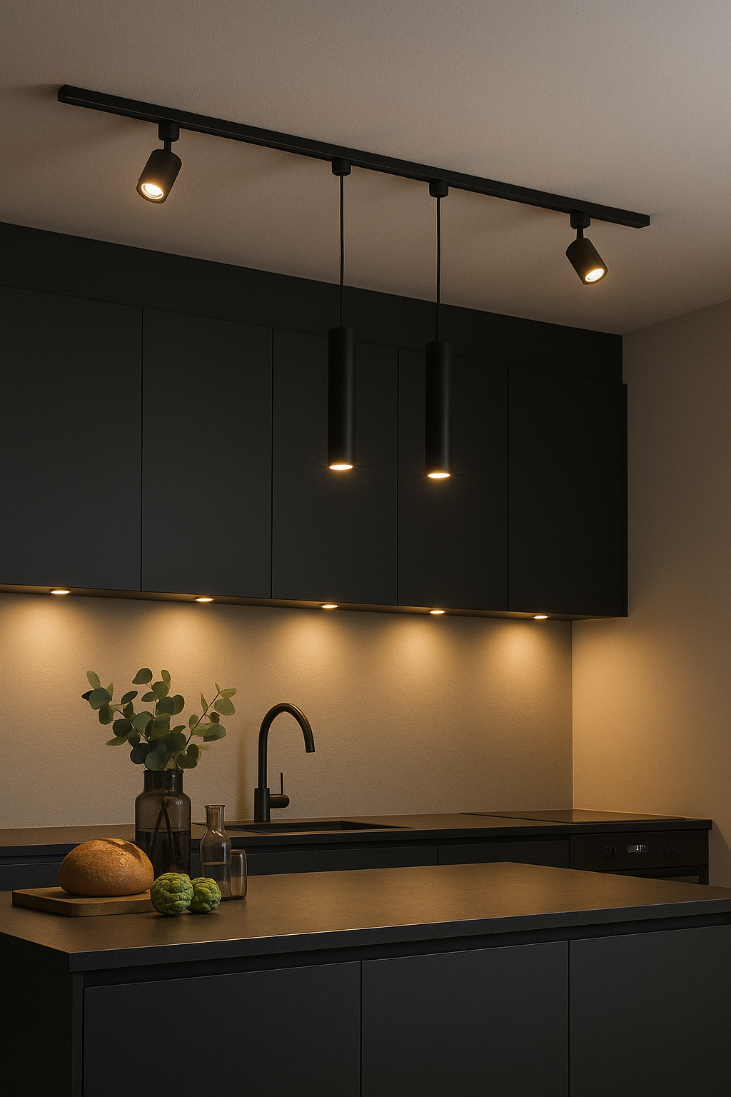Moderne zwarte railverlichting met cilindervormige hanglampen en verstelbare spotjes boven een minimalistische zwarte keuken, vooraanzicht met warm wit sfeerlicht.