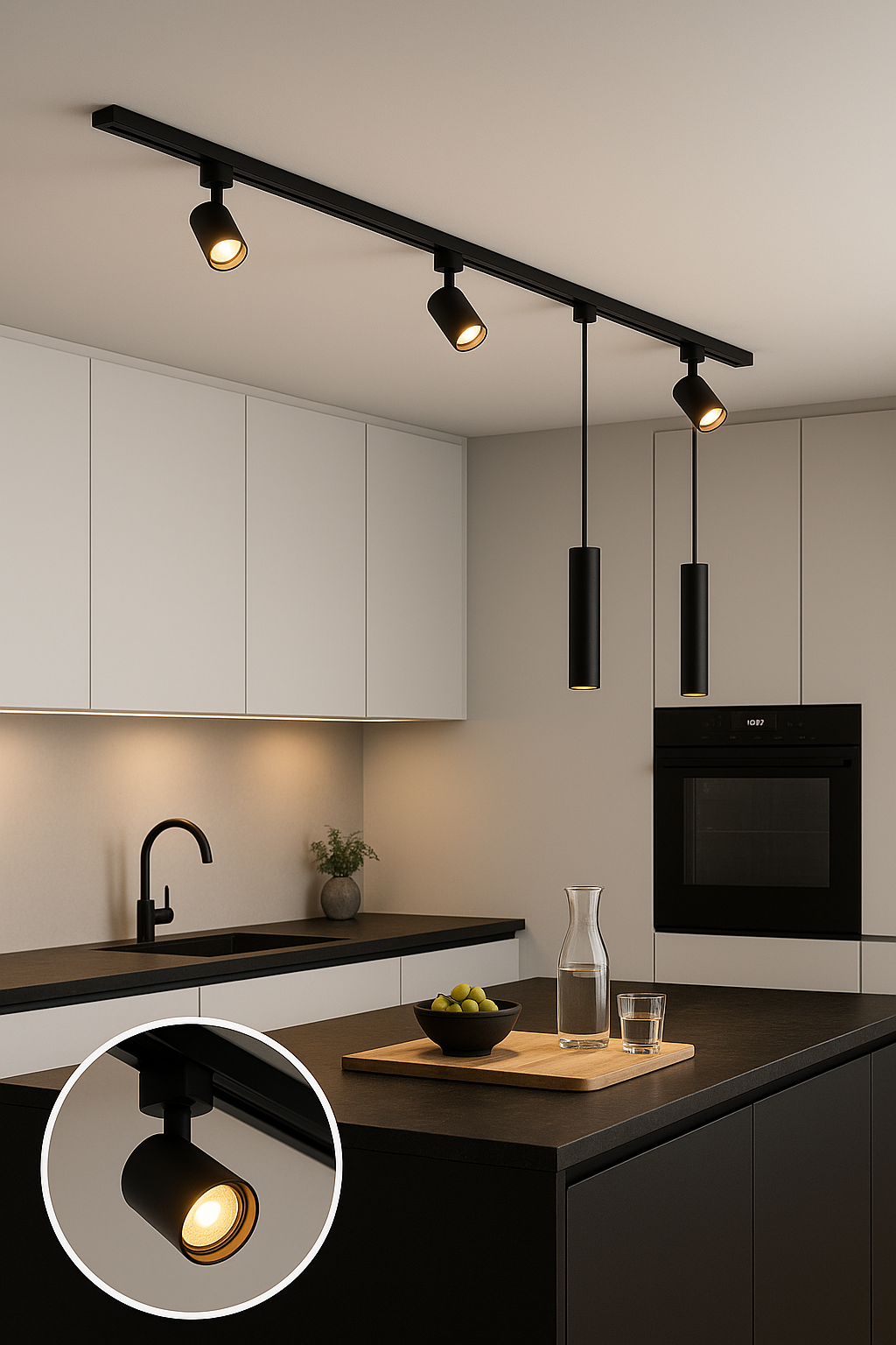 Moderne zwarte railverlichting met verstelbare spots en hanglampen, gemonteerd aan het plafond boven een minimalistische keuken, vooraanzicht met nadruk op functionele en sfeervolle verlichting.