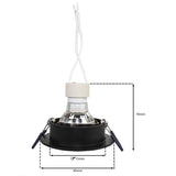 Zwarte GU10 inbouwspot met fitting en veerklemmen, vooraanzicht met afmetingen van 85mm breed en 70mm hoog, geschikt voor plafondmontage.