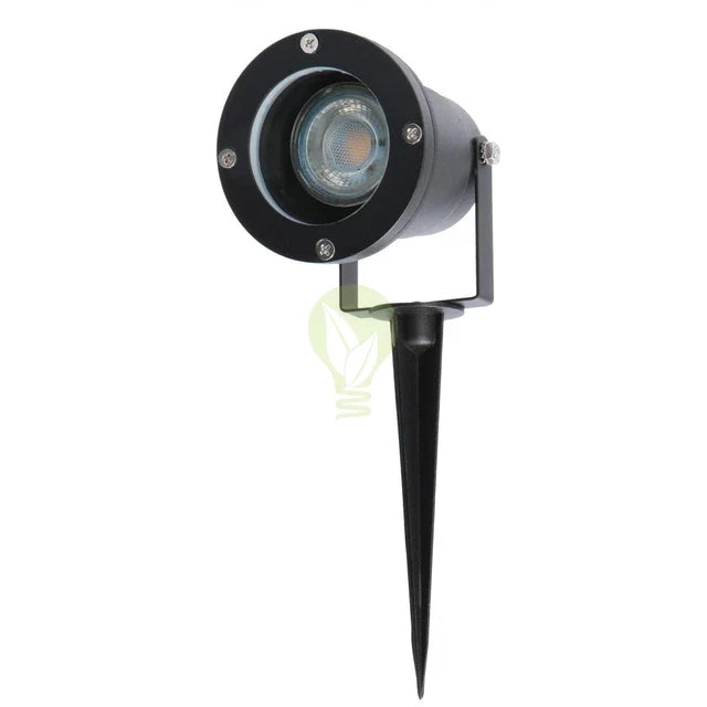 Zwarte LED tuinspot met grondspies, schuin vooraanzicht.