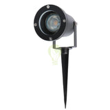 Zwarte LED tuinspot met grondspies, schuin vooraanzicht.