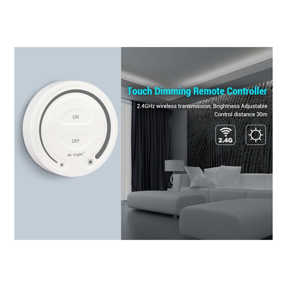 Mi-Light touch dimming afstandsbediening, vooraanzicht van ronde witte draadloze wandcontroller met aanraakgevoelige aan/uit-knoppen en helderheidsregeling, geschikt voor 2.4GHz lichtsystemen tot 30 meter bereik.