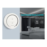 Mi-Light touch dimming afstandsbediening, vooraanzicht van ronde witte draadloze wandcontroller met aanraakgevoelige aan/uit-knoppen en helderheidsregeling, geschikt voor 2.4GHz lichtsystemen tot 30 meter bereik.