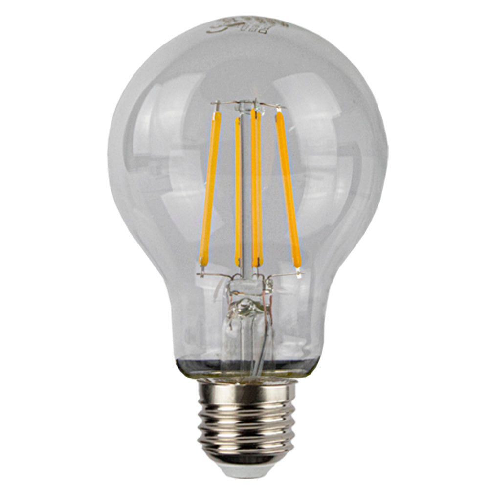 Heldere LED filament lamp met E27 fitting, klassiek peermodel, vooraanzicht.