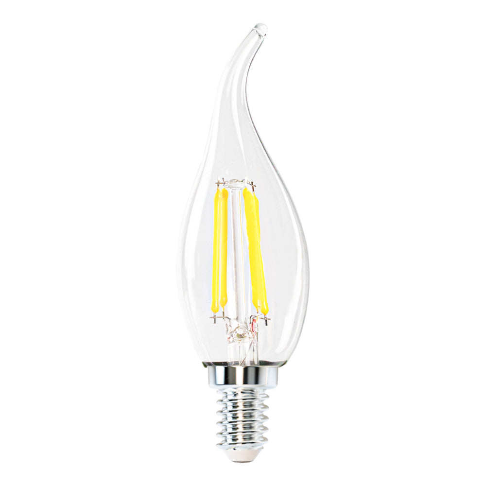 LED filament kaarslamp met E14 fitting en vlamvormig design, rechte vooraanzicht op witte achtergrond.