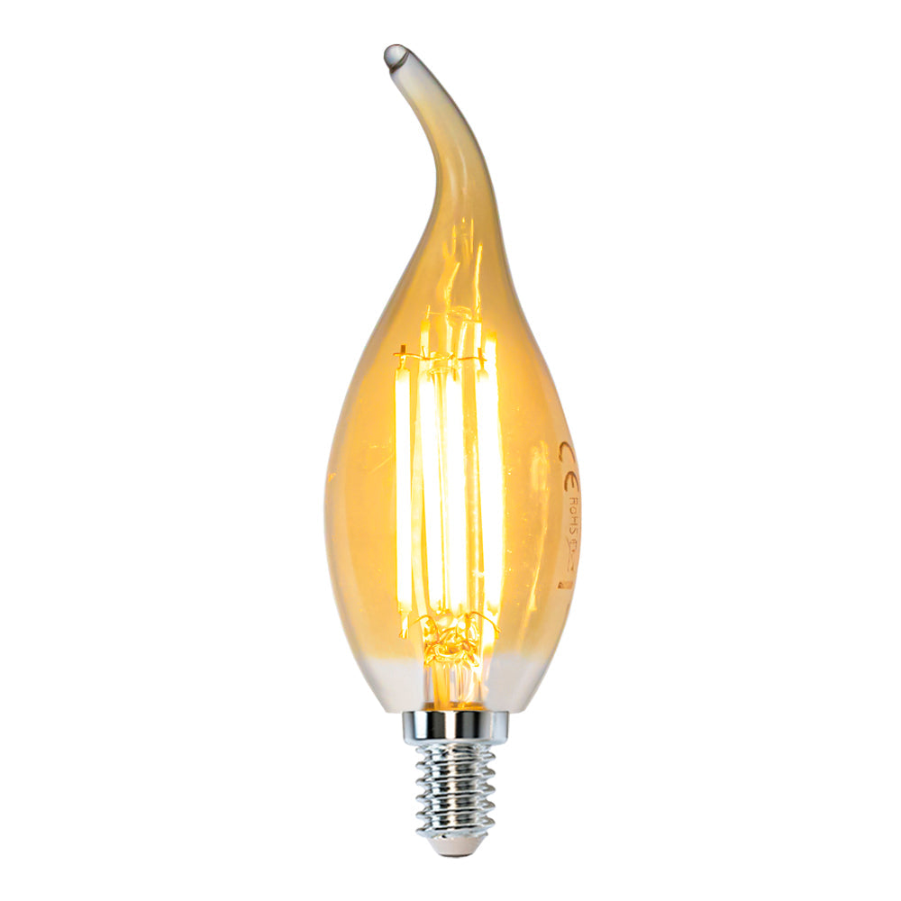 LED Filament kaarslamp met tip 4W Amber | Dimbaar | E14 | 2700K - Warm wit - vooraanzicht lamp aan