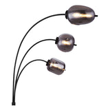 Booglamp met drie zwarte metalen armen en bolvormige smoke glazen kappen, zijaanzicht tegen een witte achtergrond.