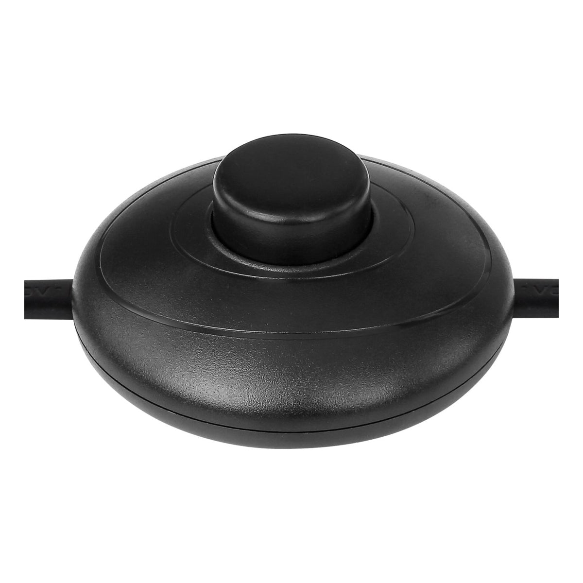 Zwart kunststof voetschakelaar met ronde knop, bovenaanzicht, geschikt voor bediening van verlichting of elektrische apparaten.