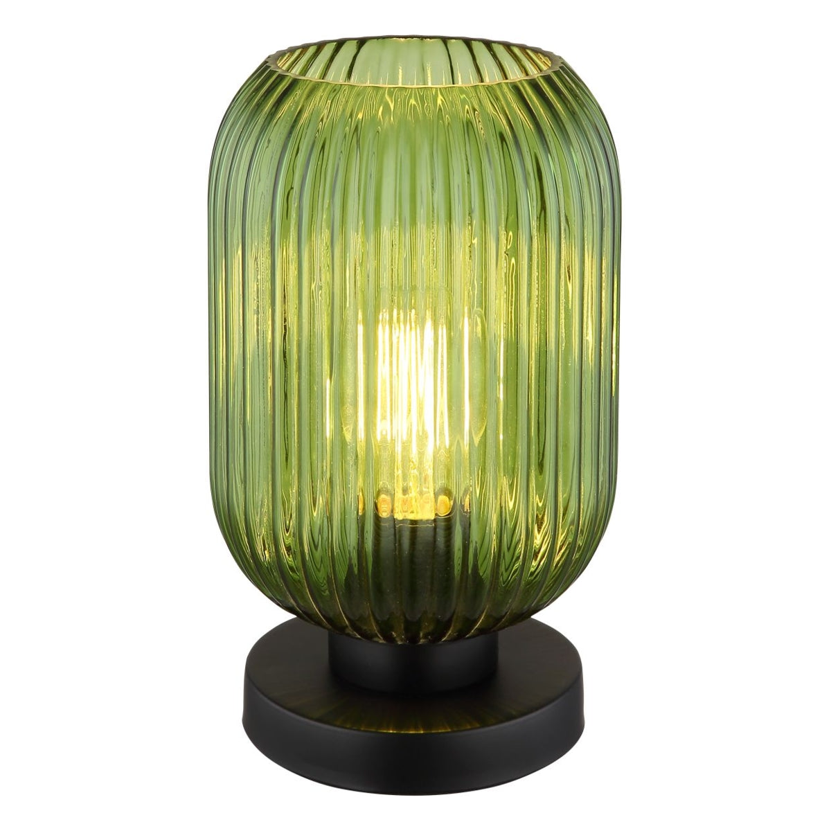Groene glazen tafellamp met geribbelde structuur en zwarte ronde voet, frontaal aanzicht met warme lichtbron zichtbaar binnenin.