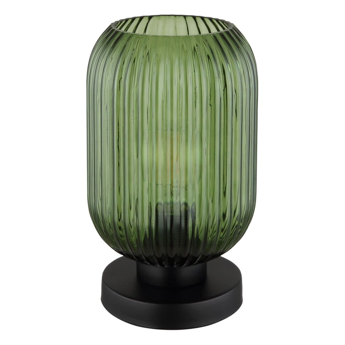Groene glazen tafellamp met geribbelde structuur en zwarte ronde voet, vooraanzicht tegen witte achtergrond.