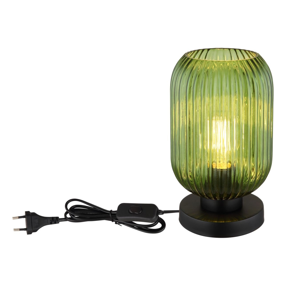 Groene glazen tafellamp met geribbelde structuur, zwarte ronde voet en aan/uit-schakelaar met netsnoer, gefotografeerd in vooraanzicht tegen een witte achtergrond.