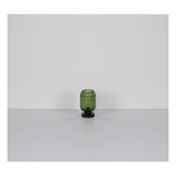 Groene glazen tafellamp met geribbelde structuur en zwarte ronde voet, frontaal aanzicht tegen een neutrale grijze achtergrond.