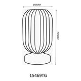 Technische lijntekening van product 15469TG, cilindervormige lamp met verticale lijnen, bovenaanzicht en zijaanzicht zichtbaar, afmetingen 140mm breed en 240mm hoog.