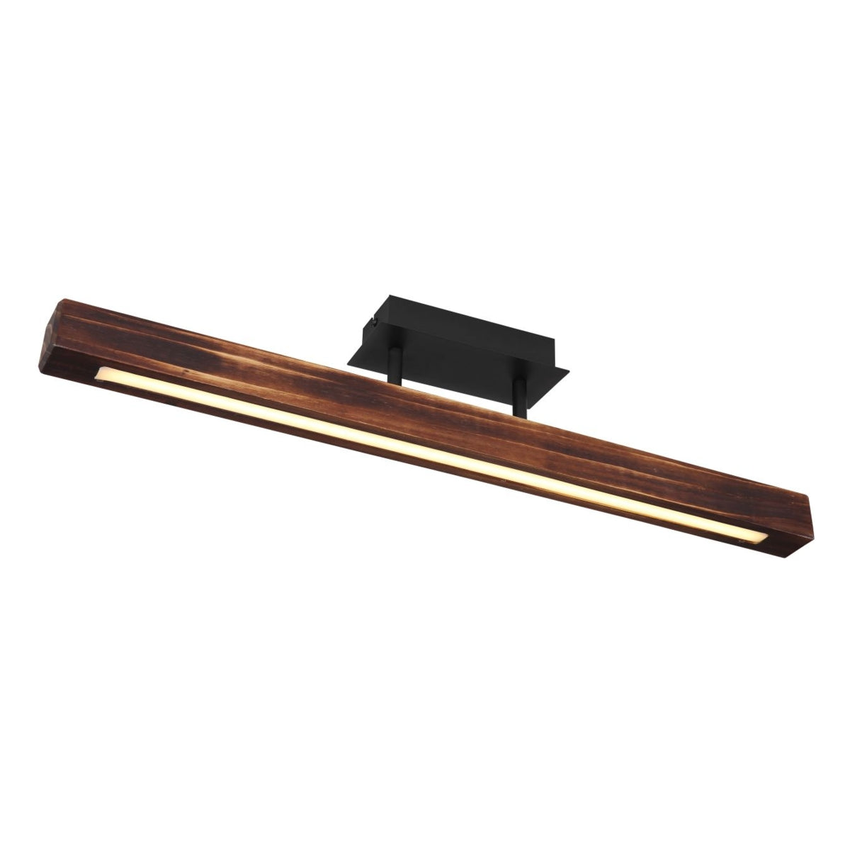 Houten plafondlamp met LED-verlichting en zwart metalen montageplaat, schuin vanonder gefotografeerd tegen een witte achtergrond.