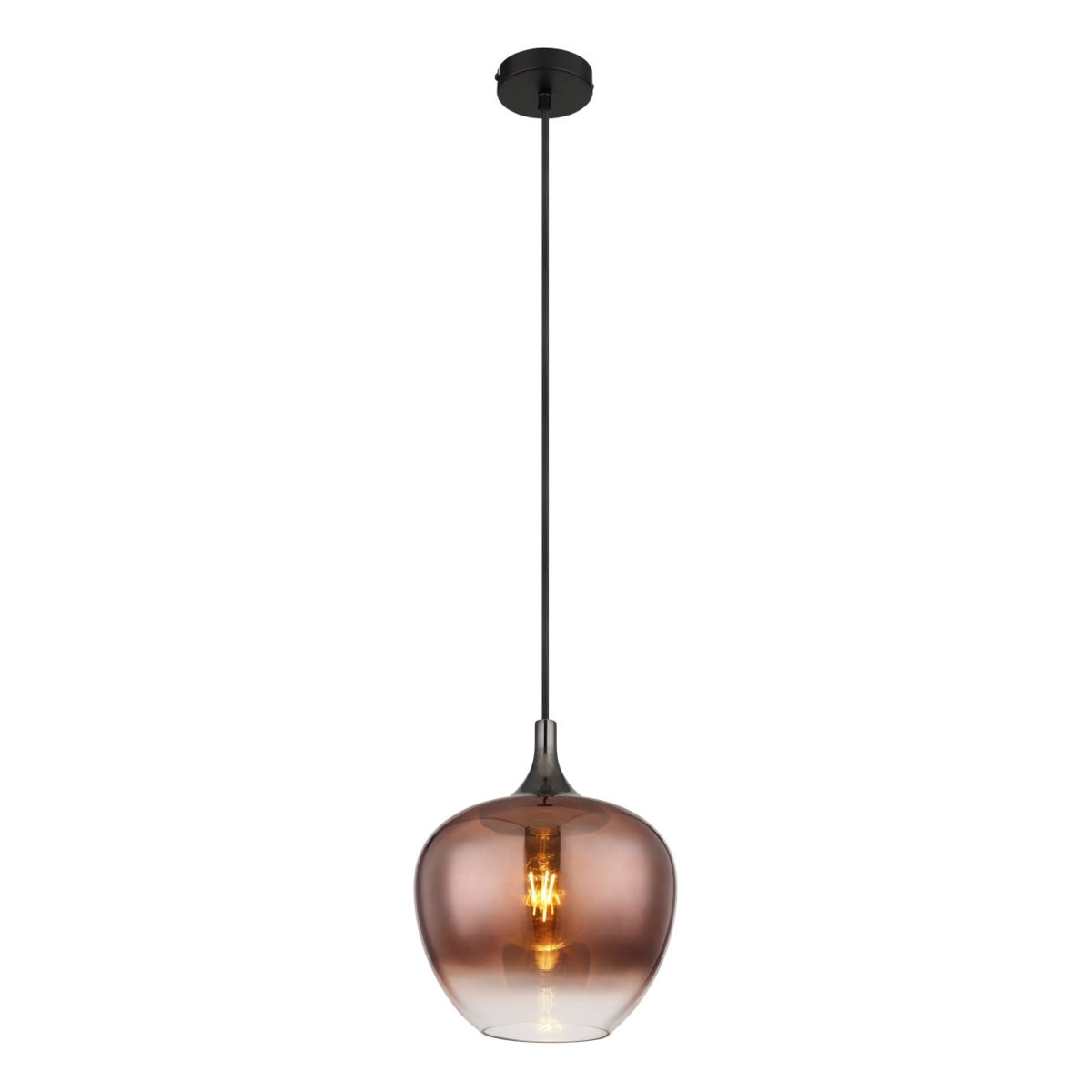 Hanglamp met rookkleurig glazen kap en zwarte ophanging, vooraanzicht – moderne design plafondlamp met amberkleurige gloeilamp zichtbaar door het transparante glas.