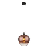 Hanglamp met rookkleurig glazen kap en zwarte ophanging, vooraanzicht – moderne design plafondlamp met amberkleurige gloeilamp zichtbaar door het transparante glas.