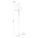 Technische lijntekening van staande lamp model 15548S3 met drie lampenkappen, vooraanzicht, inclusief afmetingen: totale hoogte 165 cm, breedte 43 cm, voetdiameter 25 cm, lampenkapdiameter 15 cm en snoerlengte 1,8 meter.