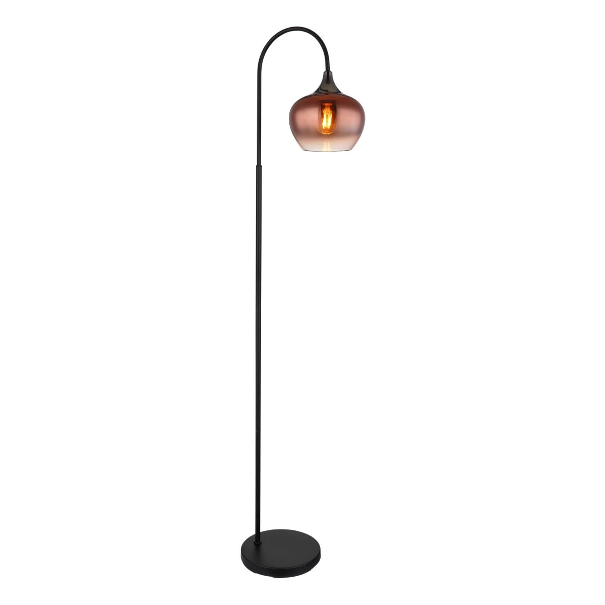 Staande lamp met zwart metalen frame en gebogen arm, voorzien van een bolvormige, rookkleurige glazen kap en zichtbare LED-lichtbron; vooraanzicht tegen witte achtergrond.