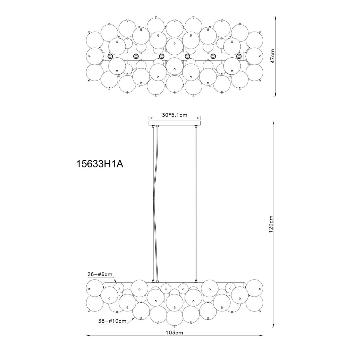 Technische lijntekening van hanglamp model 15633H1A, vooraanzicht en zijaanzicht met gedetailleerde afmetingen in centimeters, inclusief diameter van de glazen bollen en ophanghoogte.