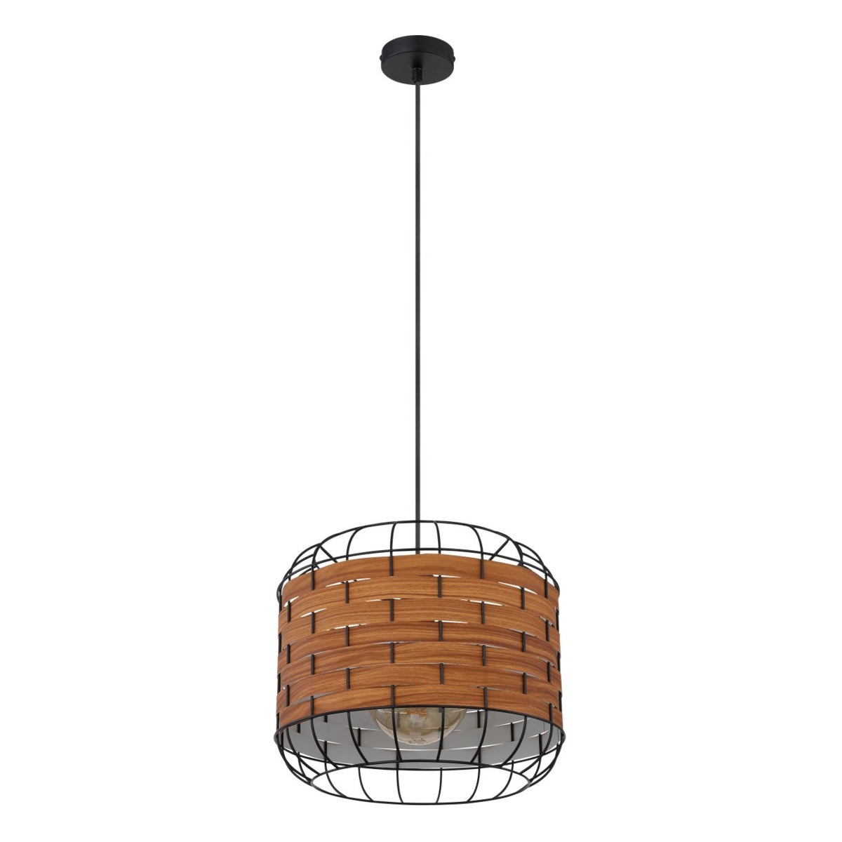 Hanglamp met industriële uitstraling, gezien vanaf de voorkant, met een zwart metalen frame en houten latten rondom de lampenkap, hangend aan een zwarte kabel vanaf het plafond.