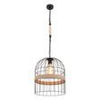 Industriële hanglamp met zwart metalen kooikap en touwaccent, zichtbaar in vooraanzicht, voorzien van een ronde filamentlamp en ophangketting.