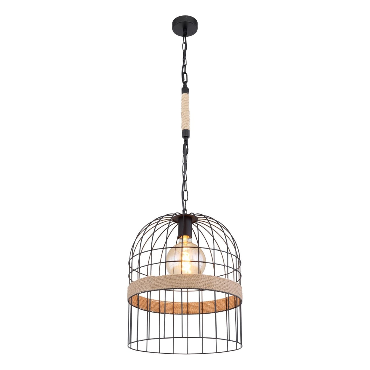 Industriële hanglamp met zwart metalen kooikap en touwaccent, zichtbaar in vooraanzicht, voorzien van een ronde filamentlamp en ophangketting.
