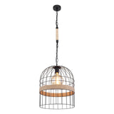 Industriële hanglamp met zwart metalen kooikap en touwaccent, zichtbaar in vooraanzicht, voorzien van een ronde filamentlamp en ophangketting.